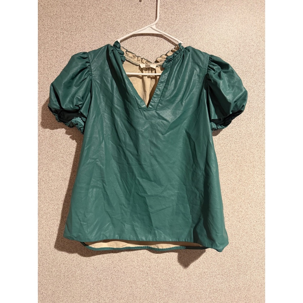 Entro Faux Leather Puff Sleeve Ruffle V-Neck Top Teal Green Small